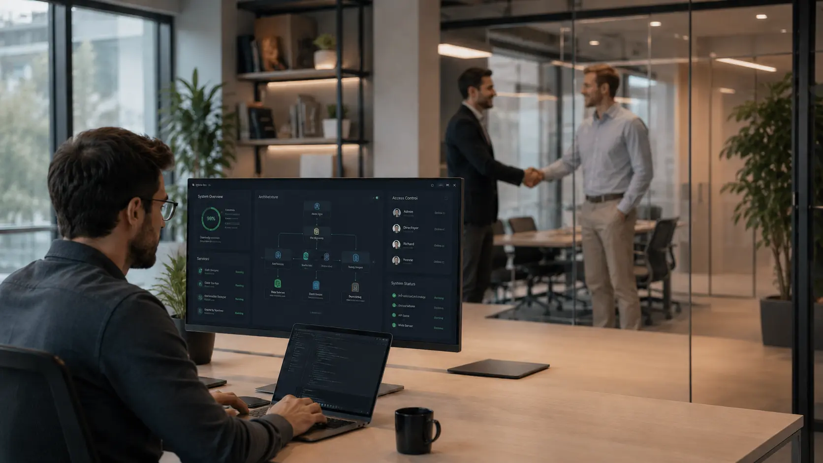 Professional working on secure business technology at a desk